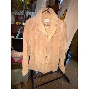 St Johns Bay Tan Suede Sherpa Lined Trucker Jacket Women Large